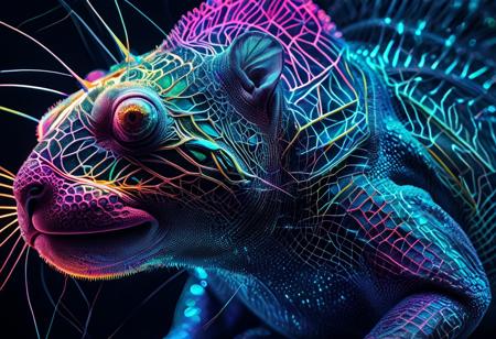 Lazypos, Surreal Harmony,
Chameleon with long tongue, catching bee,
neon, wires, a build of sacred geometry, a neon color giving an ethereal glow in each separate completed, outlined by neon wires, Masterpiece