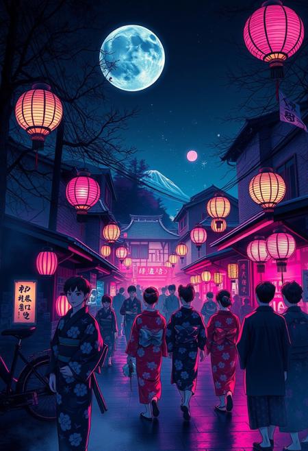 A nighttime festival scene, blending delicate figures in yukata with electric, glowing lanterns and deep shadow contrasts.
Ukiyo-e inspired composition, bold graphic linework, neon cyberpunk lighting, soft atmospheric mist, Edo-period architecture mixed with modern urban landscapes, deep blues and electric pinks, cinematic contrast, stylized nature elements, traditional meets futuristic
