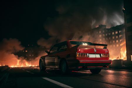 analog gloomy photo of a (red BMW E30 car, <lora:bmwe30:1>), rear view, ((speeding in an abandoned city (at midnight))), ((decayed apartment buildings on fire in the background)), (((getting shot))), (gunfire), ((snow)), (horror movie), ((nighttime)), (midnight), ruins, claustrophobic, High Detail, Sharp focus, (photorealism), realistic, best quality, 8k, award winning, dramatic lighting, epic, cinematic, masterpiece, backlit, contrejour, rim light, ambient fog:1.4, dutch angle, depth of field, volumetric lights,