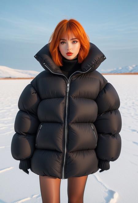 Oversized padded down jacket, Oversized padded puffer jacket, Oversized padded winter clothes, down vest, puffer vest, very very cold, cowboy shot, snow, winter, field, snow field, outdoors, nature, standing, landscape, high distinct image, gloves, Realistic, artstation original character, masterpiece, best quality, highres, ultra_detailed, 4k, UHD, pixiv, ligne claire, noise reduced, distinct, vivid, orange hair, unreal engine, orange eyes, hair ornament, sidelighting, detailed face, lipstick, perfect body, beautiful eyes, pretty face, 1girl, bishoujo, cant be this cute, bright skin, young girl, bangs, short hair, padded cuffs, padded collar, Thick padded cuffs, Thick padded collar, <lora:Collar-SDXL:0.6>, <lora:Cuffs-SDXL:0.6>, <lora:Puffer_Jacket_and_Down_Jacket_-_Extra_Puffy_Jackets:0.6>,  <lora:puffer_skirt_v1:0.6>