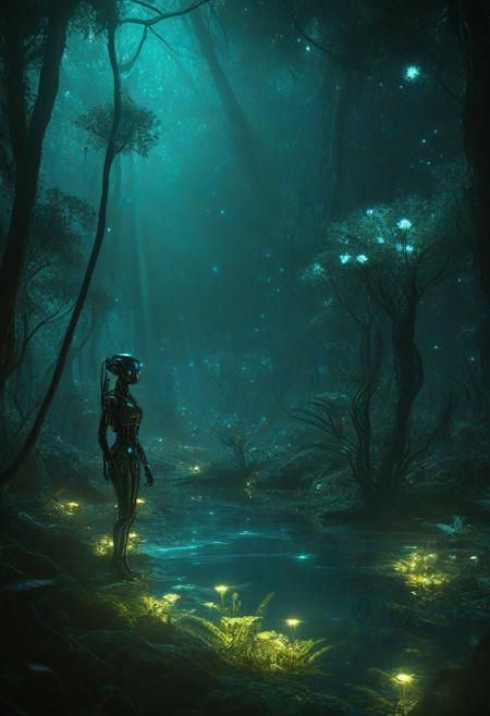 Ultrarealistic. sharp focus, dynamic lighting. play of light, reflection, refraction, Raytracing, Ultra detailed. Alien themed. Alien scenery. alien scenery background. alienworld. A gorgeous female robot in an alien forest. surrounded by ice.enchanting, cosmic, celestial, ethereal, vibrant flora, magical, luminous, serene, dreamy, radiant, bioluminescent, intricate details, surreal, enchanted forest