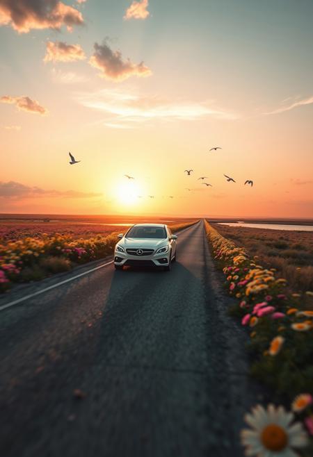 White, pink, yellow, colorful flower fields, the road continues into the sunset, emphasizing the perspective, expanding the area near the sunset and the distant area, the sunset is reflected on the water surface, waves, swaying grass and flying birds, shadows on the clouds, the car is positioned based on the golden ratio, movement, savannah wilds, arid prairie, detailed scenery, full moon, night, clouds, starry sky, milky way, 
best quality, sharp focus, high contrast, colorful, ultra quality, 8k, best quality,