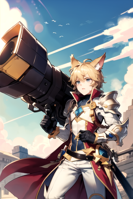 <lora:ChungSeiker-06:0.4> ,chungs, solo, blue eyes, blonde hair, gloves, 1boy, animal ears, weapon, male focus, armor, aqua eyes, huge weapon