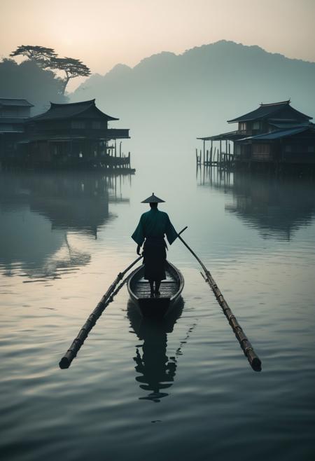 (Japanese ink wash style). An atmospheric image captured at dawn depicting a silhouetted figure standing in a traditional wooden boat, navigating misty waters with a long pole. The background reveals traditional stilt houses with peaked roofs emerging through the morning haze. The scene is photographed in a wide shot from a low angle, utilizing natural backlighting to create dramatic silhouettes. The cool color palette is dominated by teal and beige tones, while the water's surface reflects the ambient light, contributing to the ethereal atmosphere of this cultural landscape. Wide-angle landscape with natural backlighting and strong silhouettes.