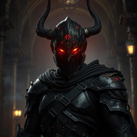 "A cinematic portrait of Ventdra, the Empowered Warrior: towering armored figure with a horned helmet (carbon fiber with etched runes), glowing crimson eyes with particle effects, and battle-scarred obsidian armor. Set in the Curse of the Shadow Prison—a dimly lit gothic hall with blurred gothic arches, crumbling stone pillars, and chains dangling from ceilings. Dramatic chiaroscuro lighting highlights Ventdra’s silhouette, casting long shadows. Hyper-detailed textures: cracked armor plating, glowing eye circuitry, and matte-black leather straps. Stylized with Dark Souls ambiance and Alphonse Mucha’s art nouveau flourishes—flowing cape patterns, gold filigree. Rendered in Unreal Engine 5 realism, Octane Render gloss, and Dutch angle composition. Color palette: midnight blacks, blood red accents, and ethereal gold highlights. Background features faint glowing glyphs and spectral mist. Trending on ArtStation, 8K HDR, golden ratio framing, cinematic depth-of-field. Tags: dark fantasy warrior, menacing aura, hyperrealistic armor, volumetric fog, flickering torchlight."