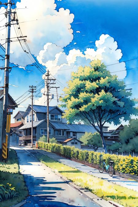 no humans, outdoors, power lines, house, sky, utility pole, tree, scenery, traditional media, day, cloud, plant, blue sky, road, building, bush, grass, painting (medium), watercolor (medium), town <lora:Pastel color_20230816152956-000003:0.9>