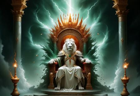 ral-dissolve, hkstyle, Surreal Harmony, (A vision of heaven with an open door and a throne:1.5). On the throne sits a figure sparkling like jasper and carnelian, surrounded by a brilliant emerald (halo:1.3). Around the throne are twenty-four other thrones with elders dressed in white garments and gold crowns.( From the throne come flashes of lightning:1.4), rumblings, and peals of thunder. In front of the throne are seven flaming torches,( representing the seven spirits of God:1.4), and a sea of glass like crystal. In the center and around the throne are four living creatures covered with eyes: one resembling a lion, one like a calf, one with a human face, and one like an eagle in flight.