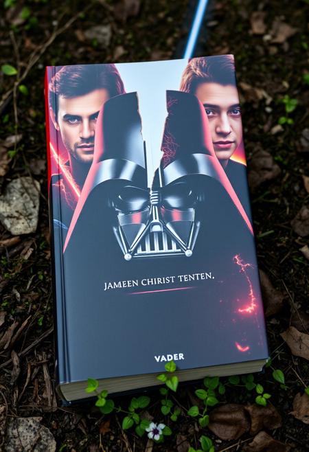 On ground Book with Jedi with Sith markings Book cover, Black text "Vader" along with text about bestseller, Cover Art is Darth Vader's broken helmet opening up, light bursting forth, In the background of the book cover, the faces of the actors from center to rear, Actor James Earl Jones in the center, flanked by actor Hayden Christensen, Sebastian Shaw. grown below the book is cracking with fire and electricity on one side and nature growing wild,