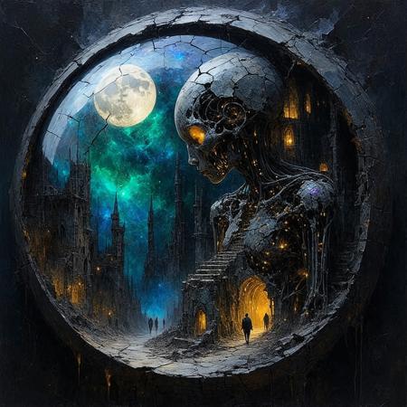 Painterly dark fantasy illustration, style of Brom and Zdzisław Beksiński. Medium close-up: A figure fused from cracked porcelain doll fragments and rusted clockwork gears, hunched posture, gazes intently into a shimmering obsidian orb glowing with internal nebula-like light. Within the orb, a sharp, miniature vision: a sprawling cityscape meticulously constructed from iridescent, shifting beetle wings. Dramatic moonlight casts stark highlights on cracked porcelain and corroded metal, contrasting deep abyssal shadows. Visible, textured brushstrokes. Swirling chromatic dust motes obscure the background. Atmosphere of detached fascination, impossible construction, dreamlike logic.