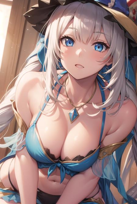 fgomarieantoinette, <lyco:marieantoinette-lyco-nochekaiser:1>,
marie antoinette, blue eyes, long hair, white hair, twintails,
BREAK bikini, blue bikini, frilled bikini, frills, front-tie top, hat, jewelry, navel, necklace, sarong, sun hat, swimsuit,
BREAK looking at viewer,
BREAK indoors,
BREAK <lyco:GoodHands-beta2:1>, (masterpiece:1.2), best quality, high resolution, unity 8k wallpaper, (illustration:0.8), (beautiful detailed eyes:1.6), extremely detailed face, perfect lighting, extremely detailed CG, (perfect hands, perfect anatomy),