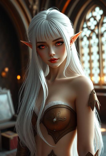 (Smooth Quality:0.8),masterpiece,best quality,amazing quality, absurdres, ultra-HD, 8k, fit body, raytracing, soft lighting, volumetric lighting, ambient occlusion, absolutely eye-catching, highest quality, usnr, (cinematic composition:1.3), depth of field, (adult), (mature female:1.2), very aesthetic, smooth image, (detailed face and eyes), mesmerizing gaze, sharp focus, warm lighting, semi realistic, girl emphasize body relief, shadow, masterpiece, best quality, 32k, high resolution, absurdres, 
1girl, elf girl, albino white hair, albino white eyebrows, (((colored eyelashes, albino white eyelashes:1.5))),  oval face, blunt bangs, long hair, straight hair, glowing red eyes, slim, small breasts, red lips, sexy smile, silver earrings, (beautiful full lips), (wide hips), (sexy thighs), (thin thighs), high heel boots, full body focus, fantasy medieval castle interior, sexy smile, small oni horns, red oni horns, tiny red oni horns, strutting down the hallway of a high fantasy castle.  full body <lora:MoriiMee_Gothic_Niji_Style_Illustrious_r1:0.6> <lora:USNR_STYLE_ILL_V1_lokr3:1> rave dress(very short dress)(tiny dress), sideslit, bimbo, dmngrlz, aidmafluxproultra