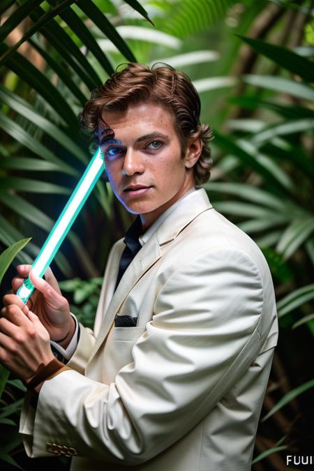 raw photo of a man, in a jungle paradise, in a stunning white suit, (holding a lightsaber), (extreme close up), 8k uhd, fujifilm xt3