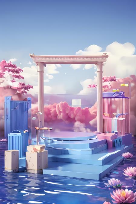 (masterpiece, top quality, best quality, official art, beautiful and aesthetic:1.2),(8k, best quality, masterpiece:1.2), <lora:CGgame buildingC D osw:1>,CGgame buildingC4D nsw, no humans, pillar, scenery, fog, sky, cloud, column, outdoors, flower, pink sky, landscape, arch, C4D, Pattern stone carving, stage, 3d render