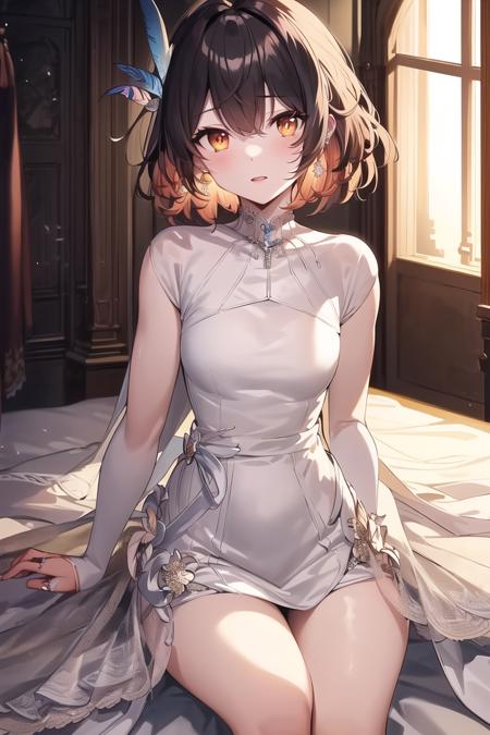 (masterpiece, best quality, ultra detailed illustration),kasuka,1girl,cute face,solo,multicolored hair,short hair,orange hair,brown hair,two mutlicolored feathers on hair,feather hair ornament,(wedding_dress:1.5), earrings, <lora:kasuka:0.6>,sitting on bed,bedroom