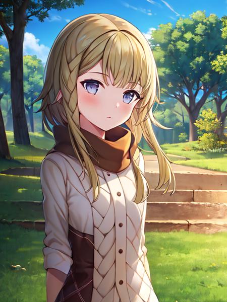 masterpiece, best quality, highres, 1girl, <lora:Kayo-000007:1>, bbkayo, blonde hair, blue sky, trees, panorama