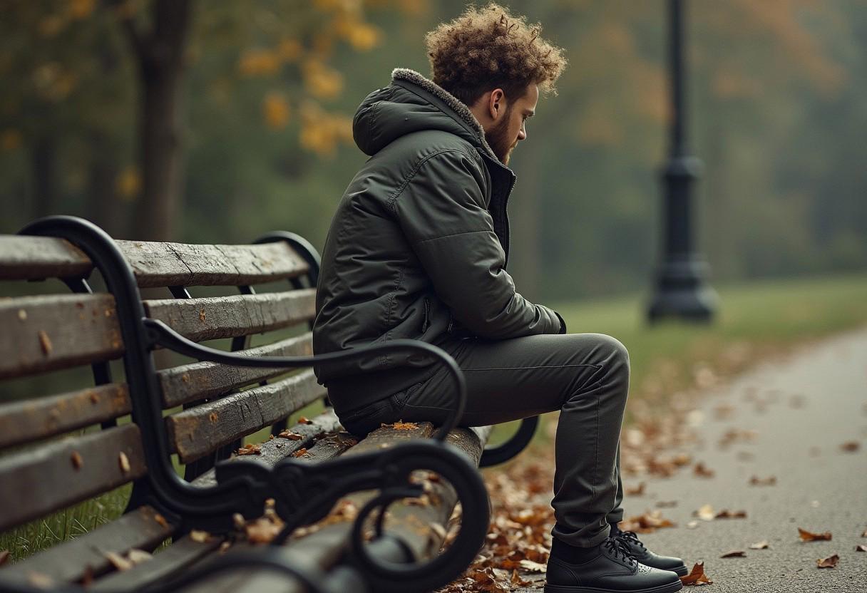 A person standing by a bench. Insane details, insane complexity, insane textures, insane fine details, insane quality