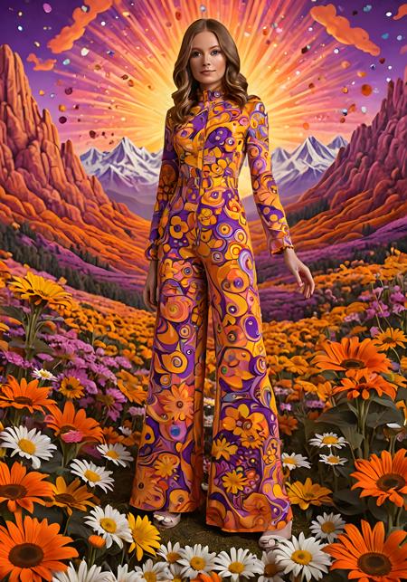 A captivating 70s-inspired surreal scene filled with vibrant and psychedelic colors. The centerpiece is a whimsical figure wearing a groovy, patterned jumpsuit, surrounded by daisies and sunflowers, their petals an electrifying mix of orange, yellow, pink, and purple. The background features an abstract landscape of swirling, kaleidoscope mountains, intertwined with the floral elements, creating a mesmerizing and dreamlike atmosphere. The saturated and contrasted colors create a striking, electric ambiance that draws the viewer into this fantastical world.