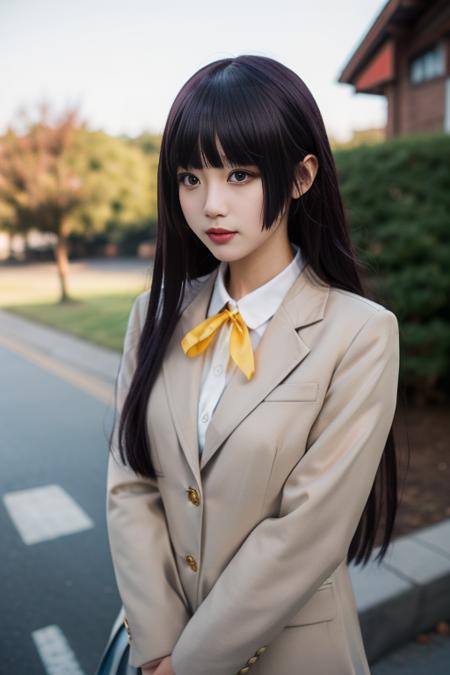 ultra-detailed,highly detailed,best quality,masterpiece,illustration,
gokou ruri, 1girl, solo,  cosplay, school uniform, 
 very long hair, blunt bangs, straight hair,  hime cut, coat, collared shirt,  yellow ribbon, 
long sleeves,blazer,
outdoors,upper body, 
 <lora:gokou ruri_v1_06:0.7>