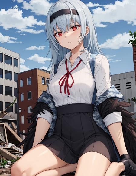 ruins, rubble, battlefield, rubble, city, kneeling, cowboy shot
,BREAK
(thunder:1.2), expressionless, (scar on neck:1.1), feathers, jacket, off shoulder, camouflage jacket, torn clothes
<lora:Thunder:1>