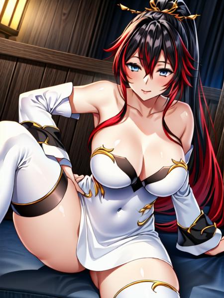 Nanbu_kaguya,two-tone hair,red hair,black hair, ponytail, white dress, white thighhighs, wide sleeves, sleeveless, 