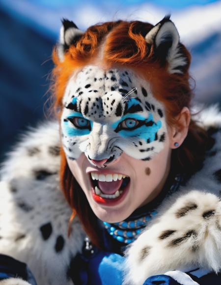 Photo of a [woman:snow leopard:0.35], growling, vampiric teeth, azure eyes, fur clothes, ruddy cheeks, acne, pimples, freezing, mountain