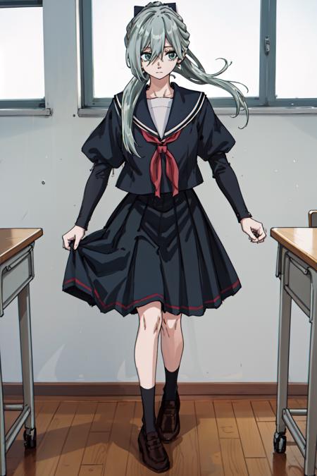 masterpiece, best quality, highres, Sharp focus, dslr photo, HD, UHD, 8K, school, classroom, subaru hoshina, 1girl, solo, long hair, skirt, shirt, long sleeves,   school uniform, ponytail, grey hair, pleated skirt, shoes, serafuku, puffy sleeves, sailor collar, black footwear, neckerchief, brown footwear,  loafers, Pretending to be a superhero in flight <lora:HoshinaSubaruV2:0.85>