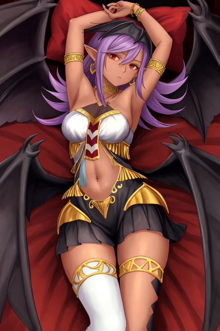 (masterpiece, best quality:1.2), ixchel, looking at viewer, thighhighs, navel, jewelry, medium breasts, earrings, lying, pointy ears, dark skin, on back, armpits, arms up, bracelet, pillow, feathered wings, armlet, asymmetrical legwear, black wings, mismatched legwear, multiple wings