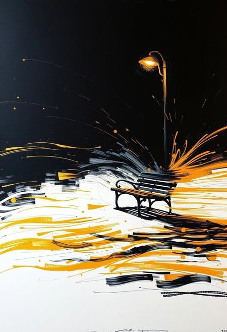 A hyper-stylistic, extremely detailed image depicts a breathtaking painting, crafted from a combination of smeared black and gold metallic paint. An Park bench and a lone street light at night is captured in a streaked motion, as if it is moving rapidly in one direction. The black paint is applied in bold, dynamic strokes, creating a sense of energy and movement that is contrasted beautifully by the golden accents. The gold paint is used to highlight the bench and street lights features, adding a sense of depth and dimensionality to the image. The overall effect is one of breathtaking, surreal dynamism, as if the viewer has captured a fleeting moment in time. Every detail of the image is meticulously crafted, from the delicate, swirling patterns of the gold paint to the intricate, textured patterns of the black paint. The contrasts between light and dark, color and texture, create a sense of tension and energy that draws the viewer in, inviting them to explore the kinetic world of the painting. highest-Quality, intricate details, visually stunning, Masterpiece