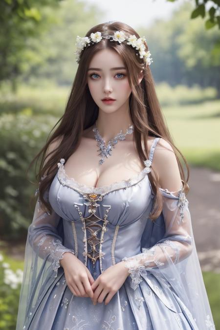 masterpiece,best quality,(detailed face, perfect face, perfect eyes, realistic eyes, perfect fingers),(clear face),fantasy girl,long hair,hair ornaments,looking at viewer,outdoors,intricate,high detail,sharp focus,dramatic,beautiful girl,knees up,standing lolita1,dress,flower,(supergiant breasts:1.3),looking at the camera,