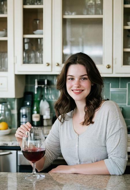 Film photograph taken in a nice suburban kitchen. Liv sits at the counter with a carafe of red line  and a stemless wine glass.
LIV is an Adorable 45 year old woman. long brown hair parted sharply in the center, up in a messy ponytail, flowing down past shoulders. Italian heritage, resembling TYLER, LIV. smooth pale skin with makeup. thin trimmed Penciled eyebrows. thin lips, slight underbite and big chin and chubby cheeks, high cheekbones, rectangular shaped face, thicker neck, wide jaw. Dark cateye eyeliner and a few light freckles. 5 foot 3 inches tall and 200 pounds, thicker neck, full breasts with cleavage, high cheekbones, wide round nose. dark brownish Green eyes, bright smile showing gums. Thigh gap. Soft tummy