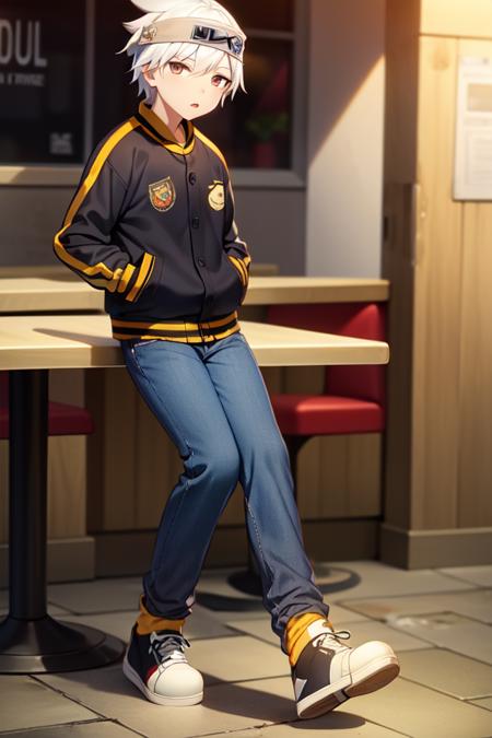 extreme detail, ultra-detailed, illustration, extremely detailed CG unity 8k wallpaper, <lora:Soul Evans:0.8>, ((Soul Evans)), 1boy, letterman jacket, headband, soul sticker, brown pants, sneakers, cafe, full body,