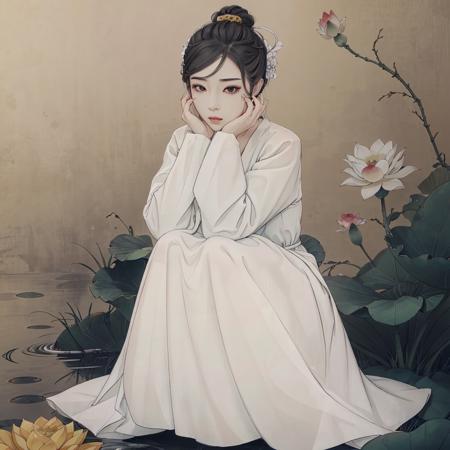 (masterpiece:0.8),best quality,
gongbiv,gongbi painting,1girl,solo,black hair,flower,looking at viewer,black eyes,head rest,dress,sitting,hands on own face,lotus,long sleeves,white dress,full body,chinese clothes,lips,hair bun,hands on own cheeks,robe,short hair,lily pad,squatting,cloud,brown eyes,makeup,closed mouth,lipstick,
Chinese style meticulous painting,<lora:gongbi painting:0.8>,