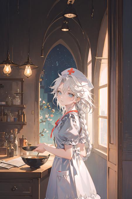 1girl, long hair, solo, looking at viewer, nurse cap, yagokoro eirin, dress, short sleeves, looking back, hat, very long hair, braid, hand up, window, puffy sleeves, blue eyes, from behind, bowl, apron, flower, indoors, puffy short sleeves, white dress, jar, curtains, bangs, table, parted lips, white hair, standing, sky, single braid, vase 
///////////  <lora:reiko-000298:1>, <lora:ç»ä¸½çåå½±:0.2>,<lora:add_detail:0.35>, <lora:adaptedmodel:0.35>