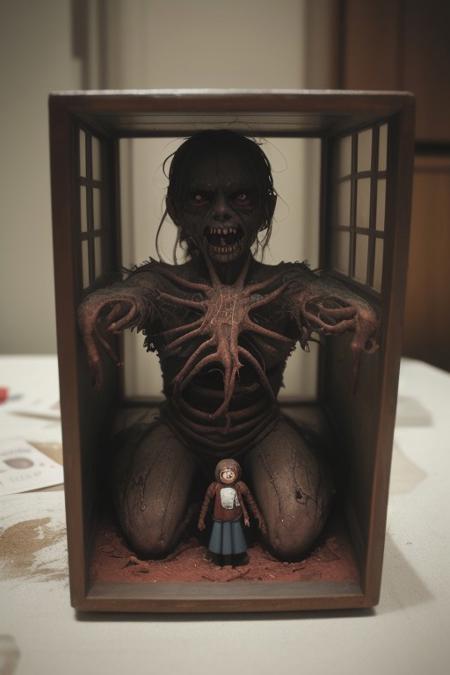 dark moody unsettling and surreal Kodachrome photograph, original character, hasselblad, indoors, giant horrifying demonic hand reaching through doll house window, megalophobia, small world,