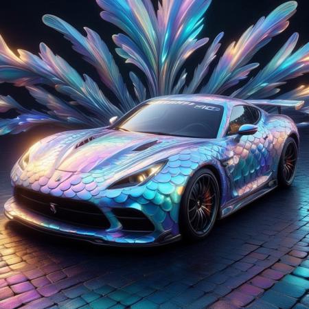 p1nk1r1sc4l3s, a sportscar made out of iridescent scales, masterpiece, best quality, highly detailed, sharp focus, dynamic lighting