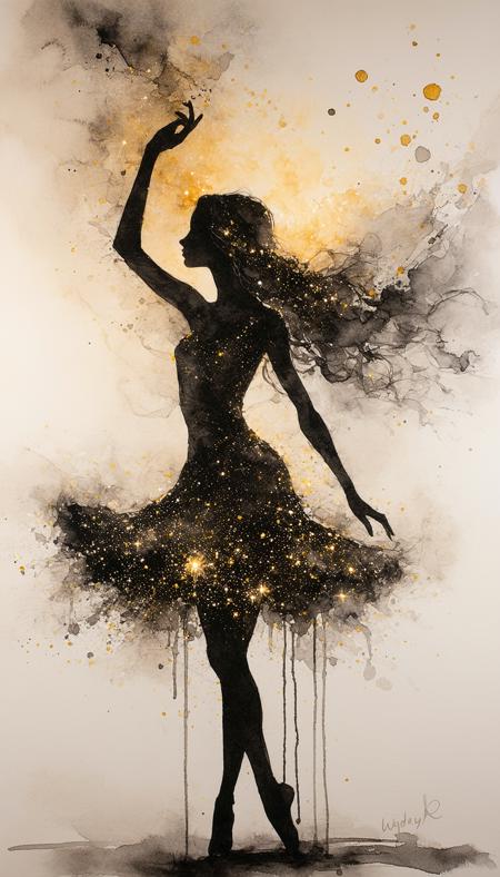 Ink art, watercolor painting, charcoal shadows: As the words "whymsicalmasterpiece" are thrown forward, this is an intricate masterpiece. At that end of its world, where everything comes alive, it appears to be lost in thought by its mysterious aura. The title "the heart-felt dancer" are enigmatic. Instead of standing on top, she has long and shimmering brown furry with sparkles of pure energy. Focus: knowing eyes, female features, girl at center. Atmosphere of nostalgic tenderness, quiet contemplation; hints of baking spices, a hint of steam.