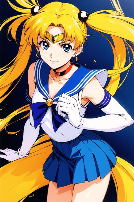 1girl, solo, blonde hair, tsukino usagi, sailor moon, sailor senshi uniform, long hair, blue sailor collar, gloves, blue eyes, skirt, bow, twintails, red bow, blue skirt, magical girl, sailor collar, choker, double bun, elbow gloves, hair bun, white gloves, back bow, jewelry, tiara, red choker, smile, crescent, hand on hip, earrings, pleated skirt, <lora:Hidero Horibe:0.8>