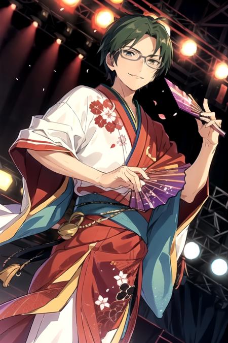 <lora:Keito-07:0.7> , keitoes, looking at viewer, smile, holding, japanese clothes, kimono, petals, hand fan, folding fan, holding fan, stage