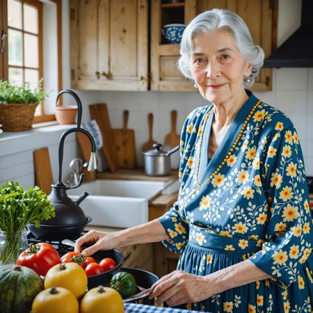 A gray-haired and elegant old woman whose eyes stared at the viewer was full of story. She wore a traditional floral-patterned dress in a quaint, sunny cottage kitchen and cooking