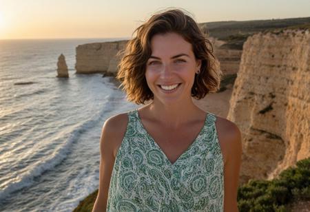 Algarve Cliffside Serenity**  
*A 35-year-old woman (sun-kissed skin, green eyes, wavy short hair) stands atop Algarve’s cliffs, wind lifting her linen dress. Her oval face, with its soft laugh lines and visible pores, glows at sunset, ocean waves below. Canon EOS R5, 70-200mm f/2.8, 8K. Style: Steve McCurry’s vivid realism.*