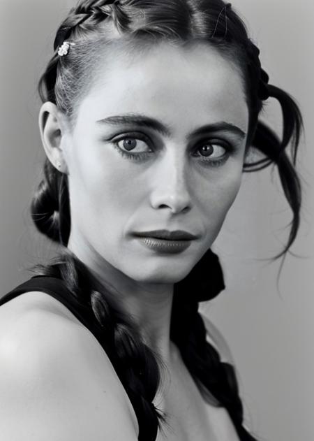 (hunky) frustrated  emmanuelle_beart in (romper|cheerleader costume|suit with tank top),portrait,intricate detail,(dutch braid|micro bangs),( hair bell),outstretched arms,at Suspended,in (Buenos Aires, Argentina|winter),morning,/1.4,Wide angle focal length,curl mascara,(skin details:1.3),(skin pores:1.3),art by  (Emil Nolde),Graflex Century Graphic 23 Camera,<lora:emmanuelle_beart-000007:0.7>,