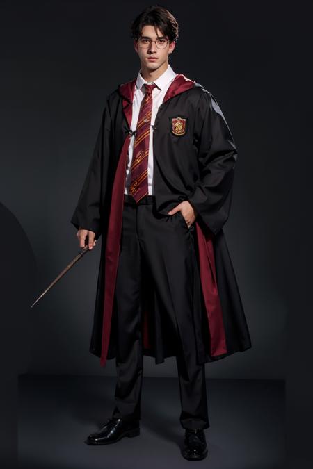 1boy, black_background, black_footwear, black_hair, black_pants, full_body, glasses, hogwarts_school_uniform, male_focus, necktie, shoes, solo, standing,wand, looking_at_viewer, shirt, long_sleeves, holding, school_uniform, pants, animification, one hand holding_wand, HP robe, outfit <lora:HP:0.8>