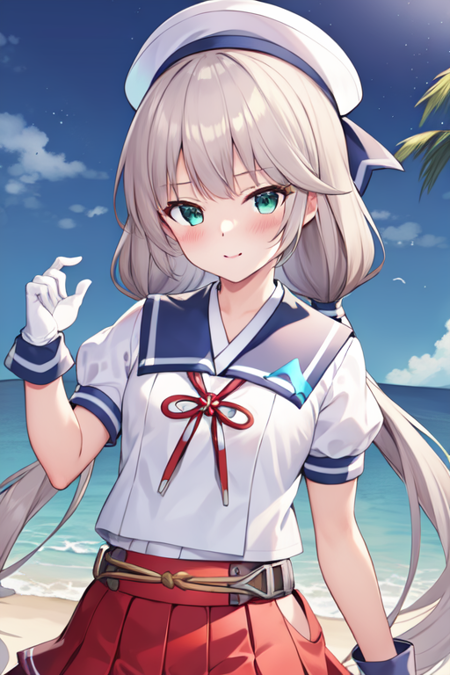 mikuraKC, 1girl, solo, long hair,skirt, shirt, gloves, hat, white shirt, short sleeves, puffy sleeves, white gloves, sailor collar, puffy short sleeves, red skirt, low twintails, white headwear, sailor hat, sailor shirt, hip vent