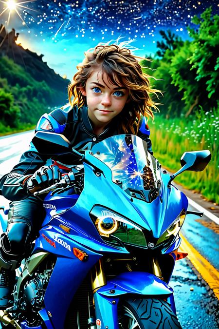 best quality, masterpiece, high resolution photo, ultra detailed, 16K, 8K, intricate details, super reality, (perfection lighting:1.25), (cinematic lighting:1.8),
1Female, solo, 20yo, full suit, boots, Motorcycle,(HONDA CBR650R:1.4), perfect details, perfect face, cute face, deep eyes, blue eyes, (anime face:1), curly hair, platinum hair, (hair fluttering in the wind:2),
Background,(ruins of a closed factory:1.6),(late night),(wonderful starry sky:2),(shooting star:1.1),(puddle on the road:1.6), <lora:FutureSuperBike_v3:1.32> <lora:XL_Weapon_Sword__Shield_-_By_HailoKnight:0.3>