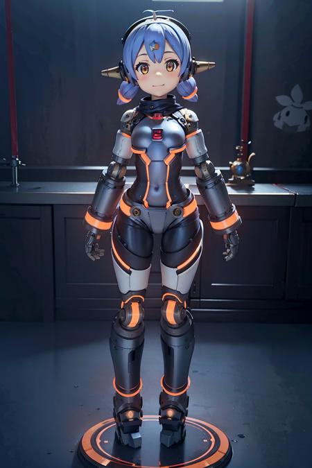 hanajsnak,1girl,robot,robot joints,robot spikes ears,bandaid on nose,short low twintails,blue hair,purple hair,orange eyes,game3d style,||robot body with orange trim,<lora:hanajsV1-000008:0.8>,game3d style,smile,laboratory,indoors,, masterpiece,best quality,ultra detailed,high quality,illustration,perfect anatomy,bedroom,
(full body:1.5),(standing:1.2),looking at viewer,<lora:æåPVCmerdV1:1>,