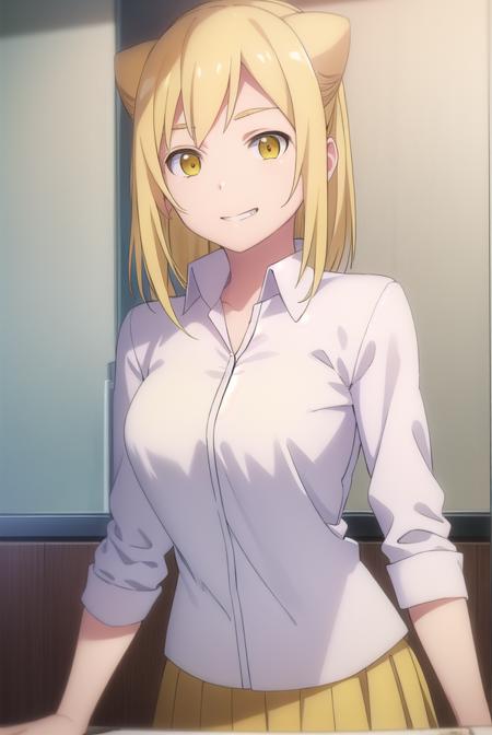 hikaritakanashi, <lora:hikari takanashi s1-lora-nochekaiser:1>,
hikari takanashi, medium hair, blonde hair, (yellow eyes:1.5), fang, hair bun, double bun, cone hair bun, smile, grin,
BREAK skirt, shirt, school uniform, white shirt, pleated skirt, brown skirt,
BREAK indoors, classroom,
BREAK looking at viewer, (cowboy shot:1.5),
BREAK <lyco:GoodHands-beta2:1>, (masterpiece:1.2), best quality, high resolution, unity 8k wallpaper, (illustration:0.8), (beautiful detailed eyes:1.6), extremely detailed face, perfect lighting, extremely detailed CG, (perfect hands, perfect anatomy),