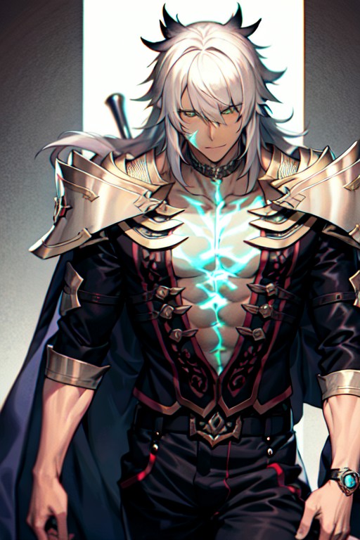 in the style of <lora:siegfried-000004:1>, 1 boy, solo, masterpiece, long hair, green eyes , white hair, cape,  ,muscular,...