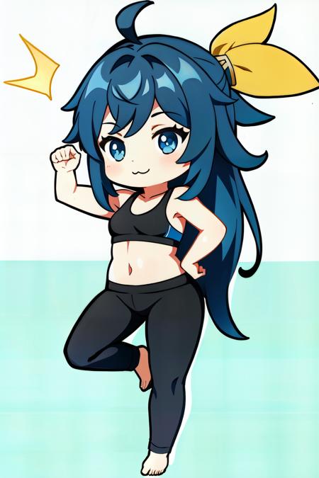 genshin chibi emote,chibi, 1girl , solo , sports bara, yoga pants , sexy , long hair , pony tail , looking at viewer,chibi character , white background, :3,best quality, masterpiece, absurdres, <lora:genshin_chibi_emote:1>