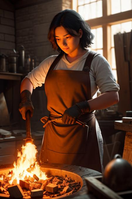 blacksmith holding a hammer working at an anvil, fire, embers, leather apron, medieval, detailed, magical, mouse watching, fantasy art, looking at camera, close up, from waist, (best quality, high quality:1.2), (masterpiece:1.1), (detailed), photorealism, photorealistic, 8k, hdr, cinematic lighting, cinematic bloom, sharp focus, lens flare, ray tracing, reflections, sharp focus