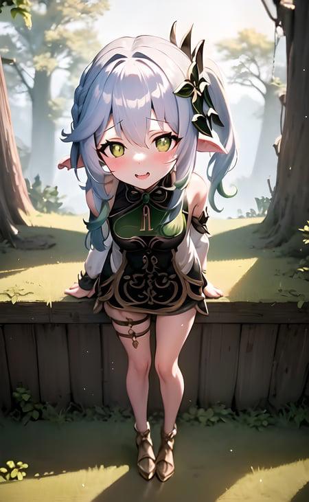 anime girl  <lora:NahidaV2:1>, nahida, nahida \(genshin impact\), short side pony tail, full body, cinematic lighting, best quality, masterpiece, bent over, cute smile, blushing, head titled to side, hands behind back, forest in background